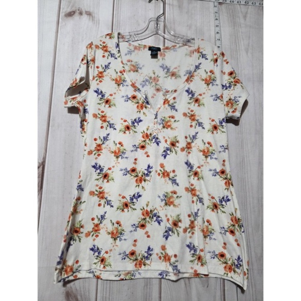 Rue21 Rue+ Womens 2X Floral Ribbed Henley Top Short Sleeve White Orange Purple